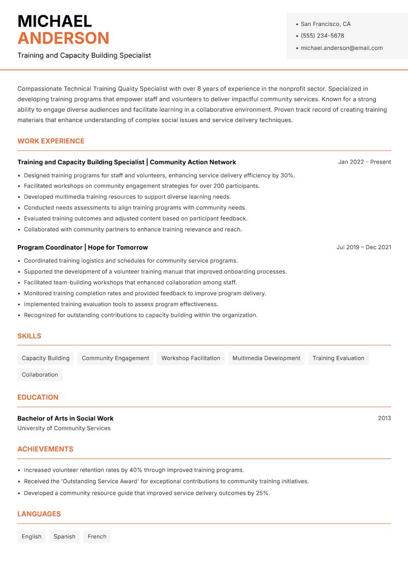 Technical Training Quality Specialist Resume Template
