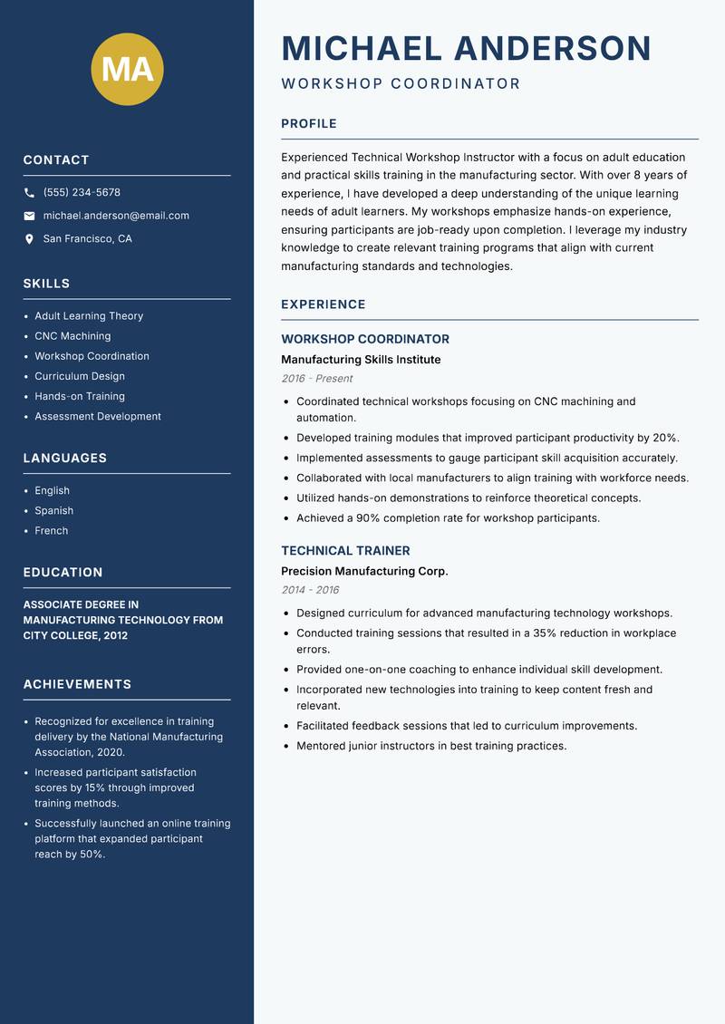 Technical Workshop Instructor Resume Preview Example