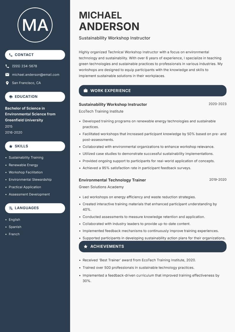 Technical Workshop Instructor Resume Preview Example