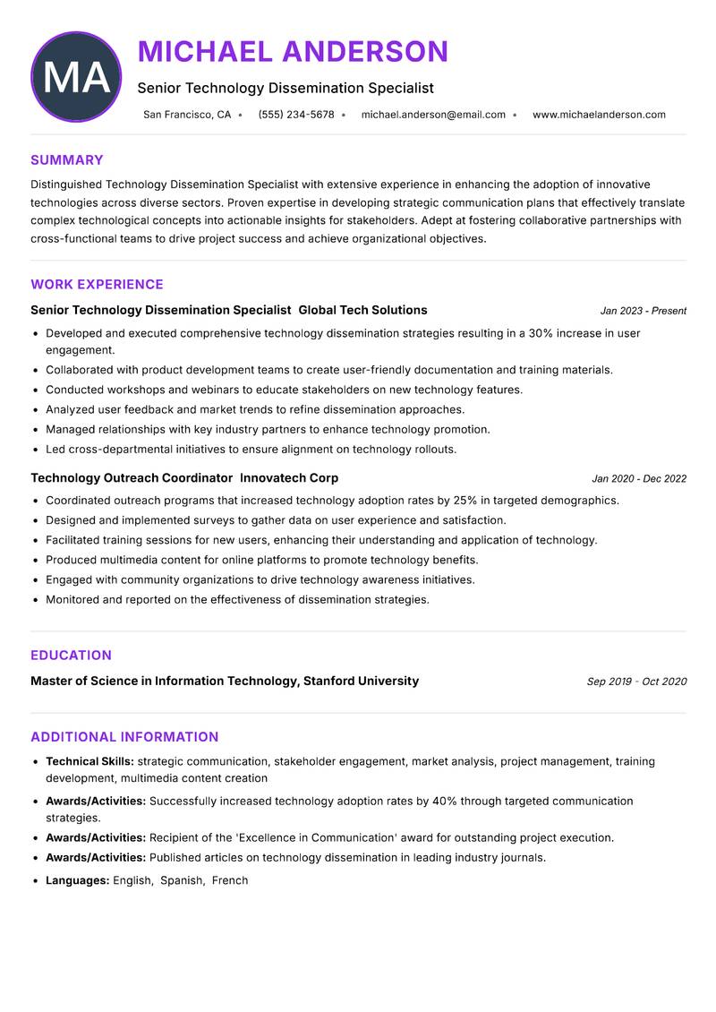 Technology Dissemination Specialist Resume Preview Example