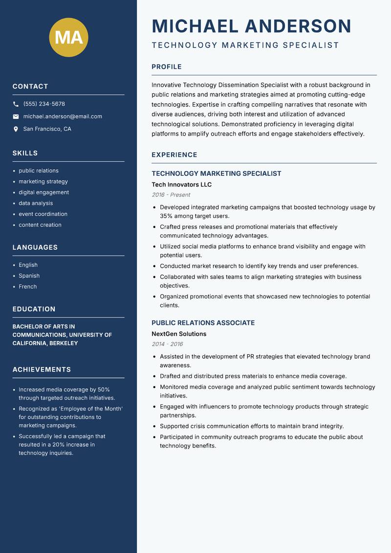 Technology Dissemination Specialist Resume Preview Example