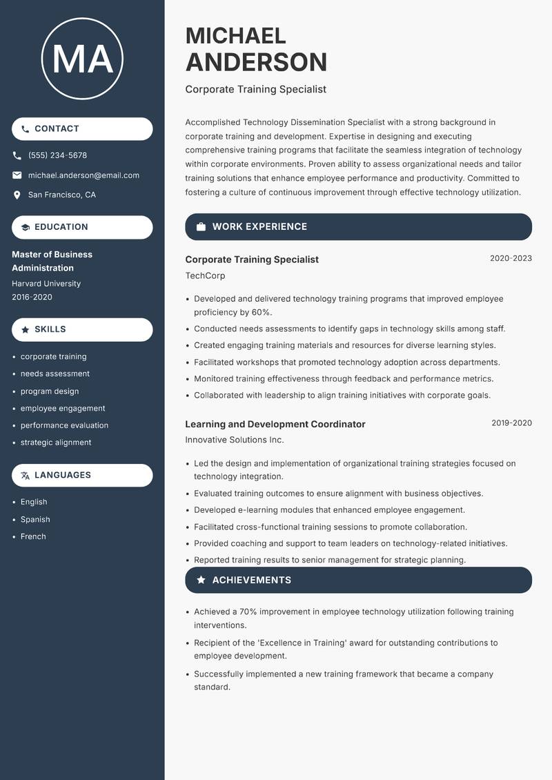 Technology Dissemination Specialist Resume Preview Example