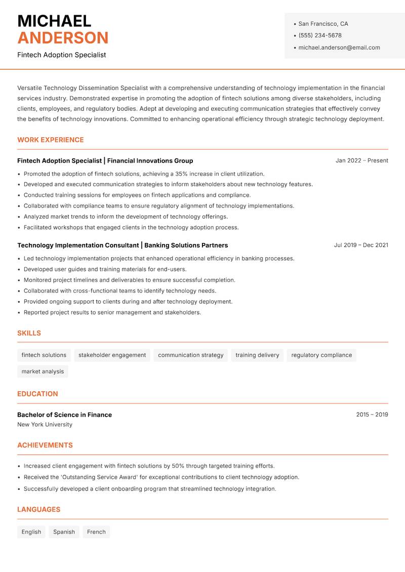 Technology Dissemination Specialist Resume Template