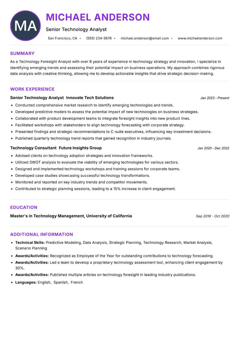 Technology Foresight Analyst Resume Preview Example