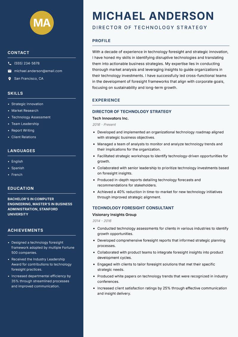Technology Foresight Analyst Resume Preview Example