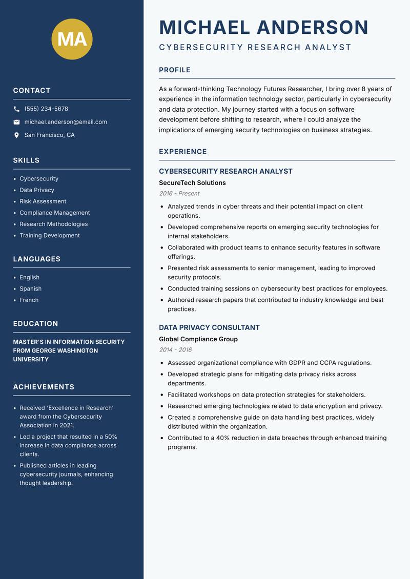 Technology Futures Researcher Resume Preview Example
