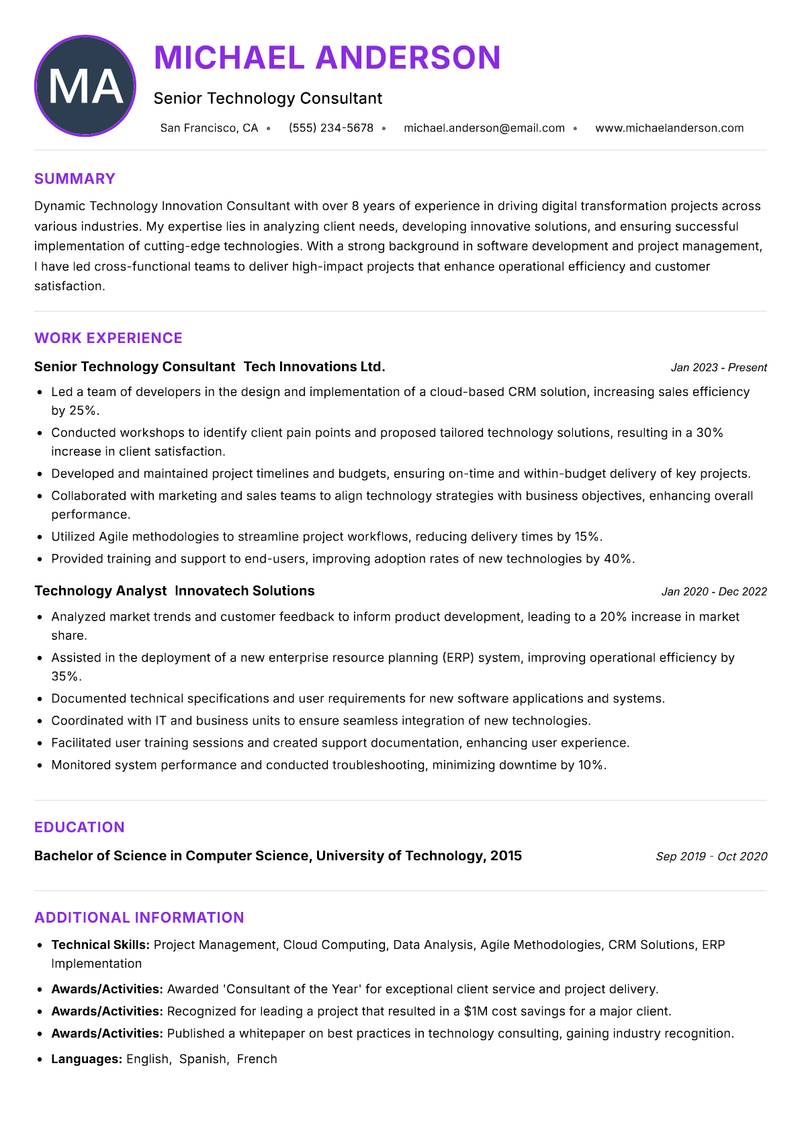 Technology Innovation Consultant Resume Preview Example