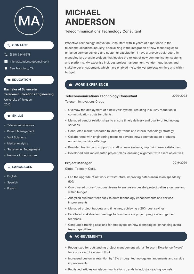 Technology Innovation Consultant Resume Preview Example