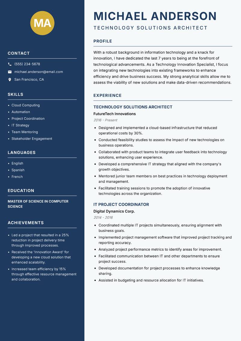 Technology Innovation Specialist Resume Preview Example