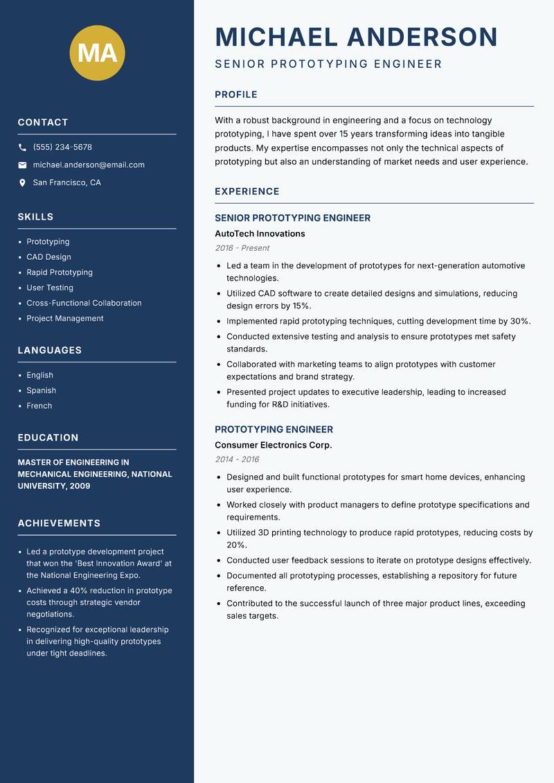 Technology Prototyping Specialist Resume Preview Example