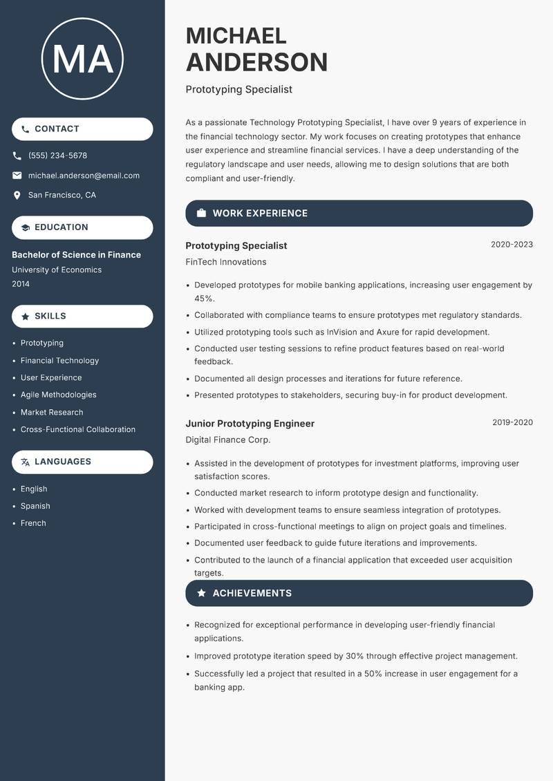 Technology Prototyping Specialist Resume Preview Example