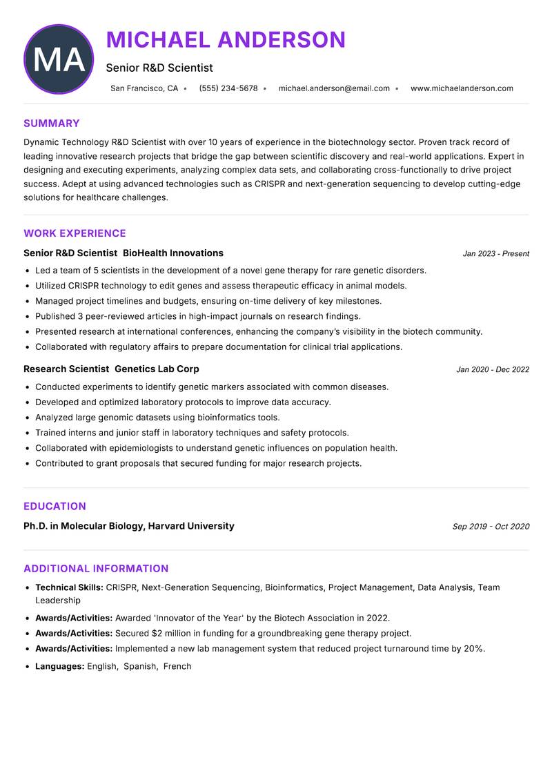 Technology R&D Scientist Resume Preview Example