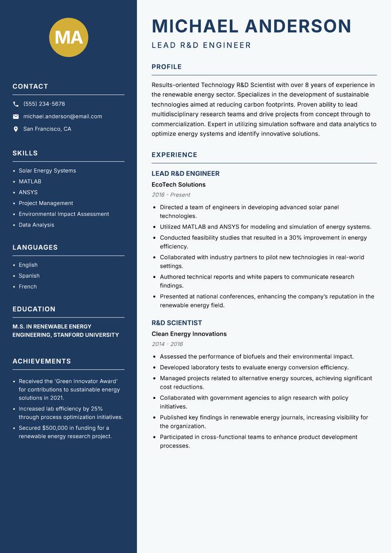 Technology R&D Scientist Resume Preview Example