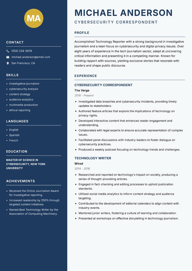 Technology Reporter Resume Preview Example