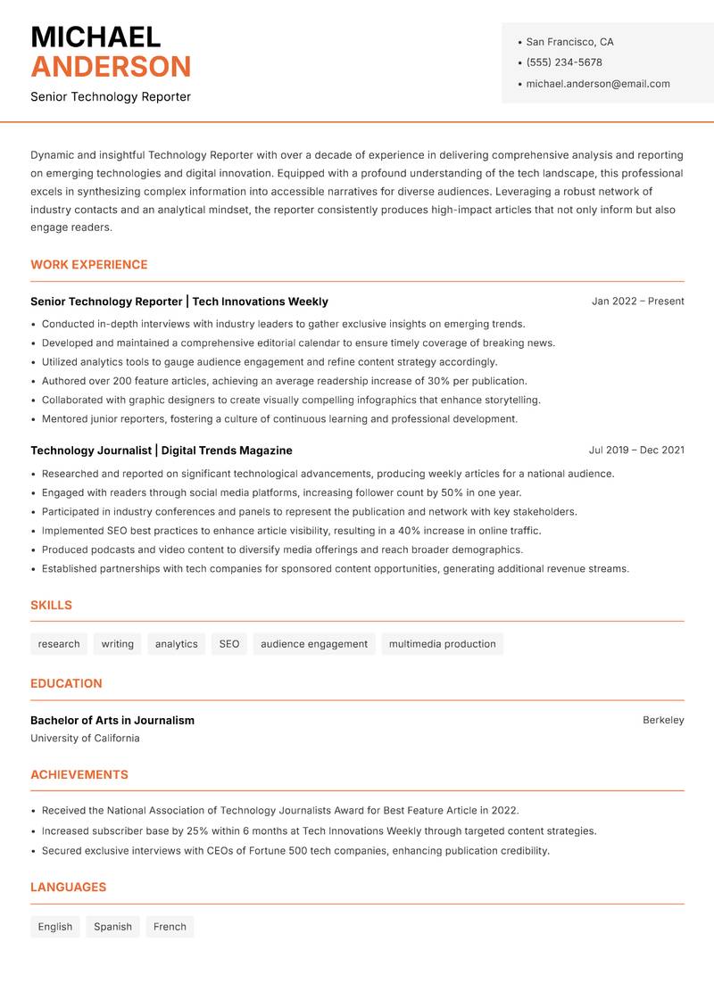 Technology Reporter Resume Template