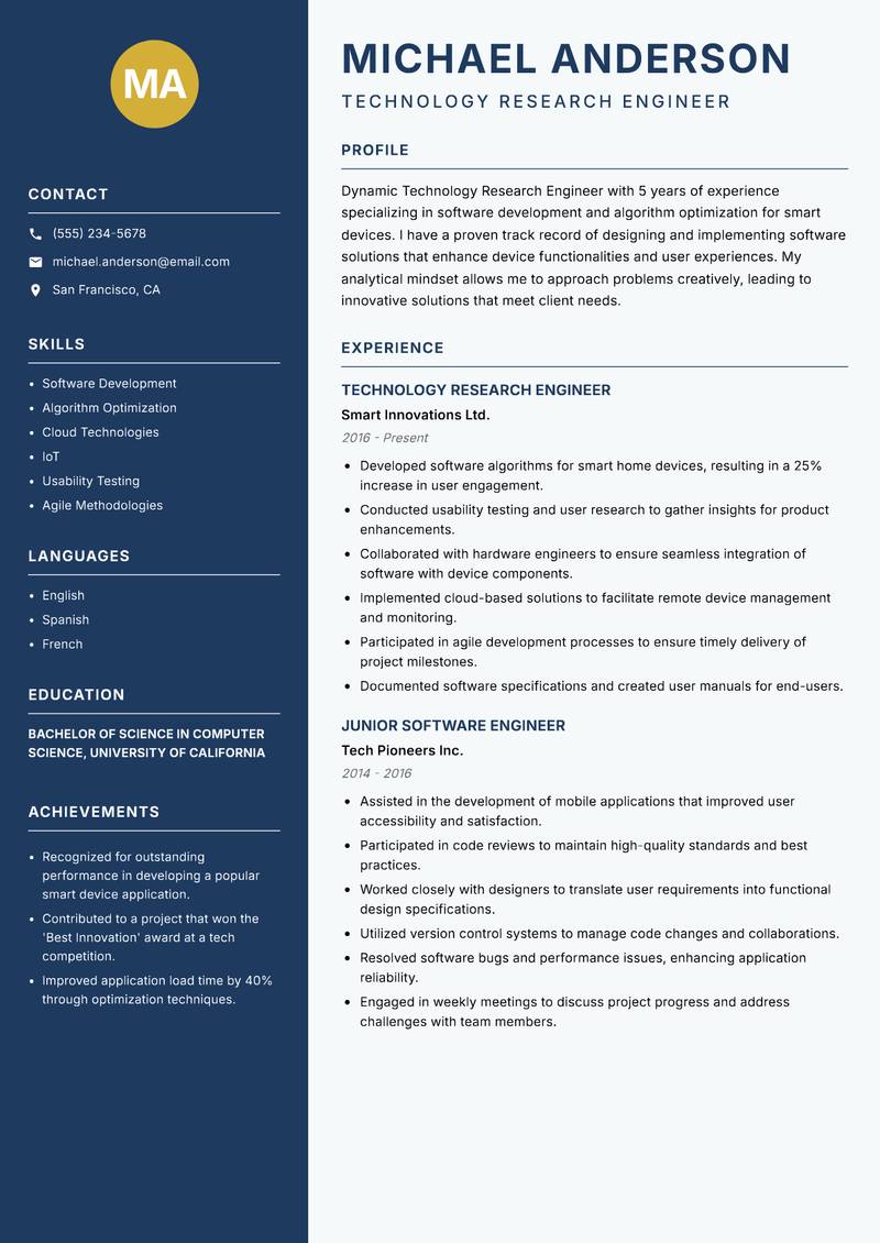 Technology Research Engineer Resume Preview Example