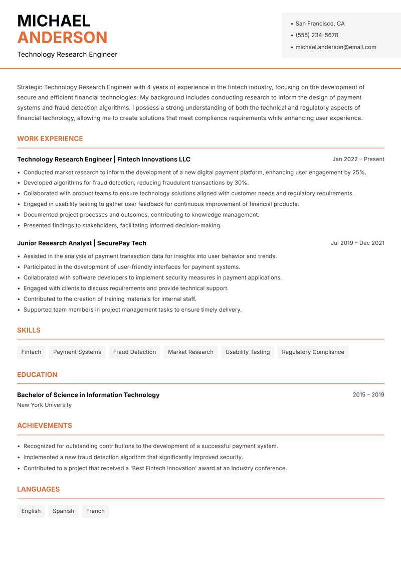 Technology Research Engineer Resume Template