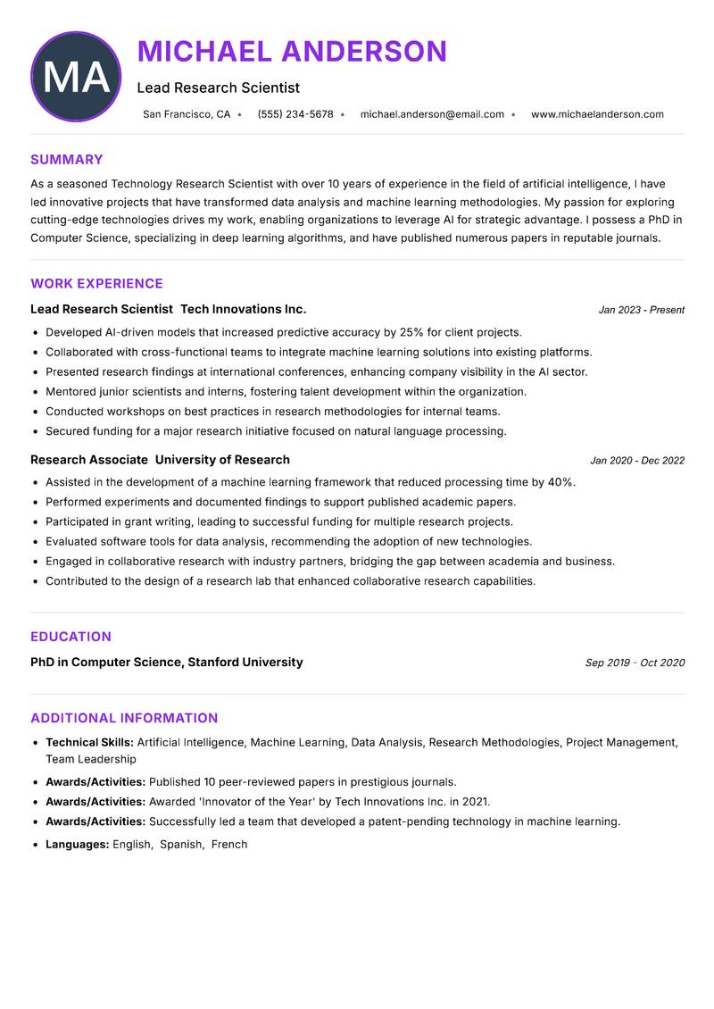 Technology Research Scientist Resume Preview Example
