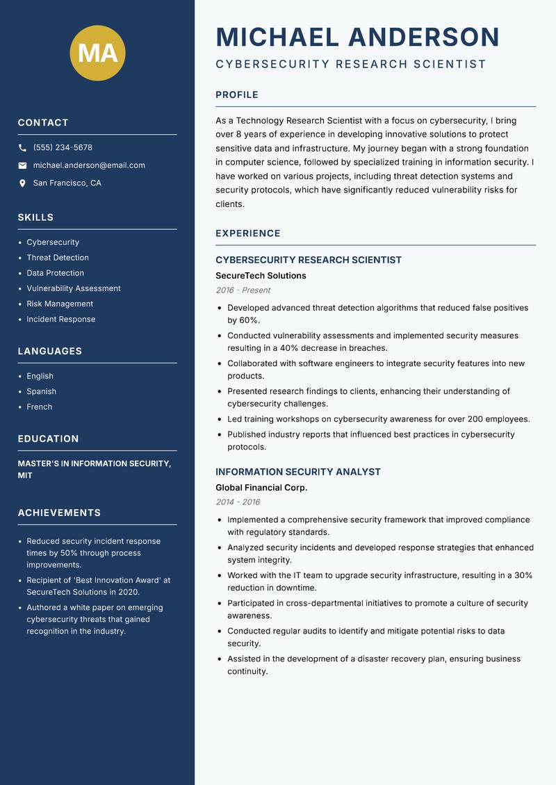 Technology Research Scientist Resume Preview Example