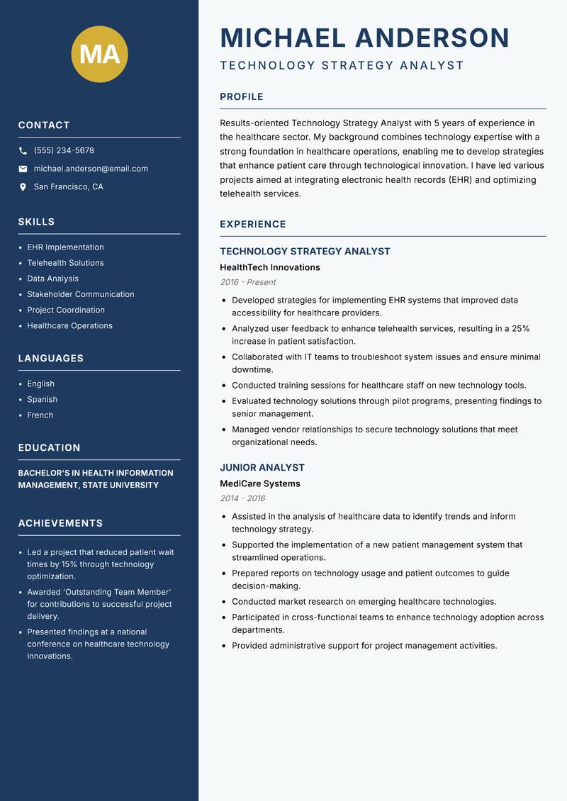 Technology Strategy Analyst Resume Preview Example