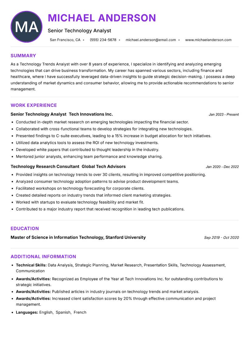Technology Trends Analyst Resume Preview Example