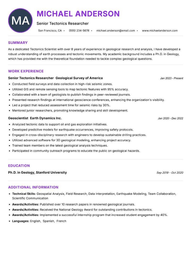 Tectonics Scientist Resume Preview Example