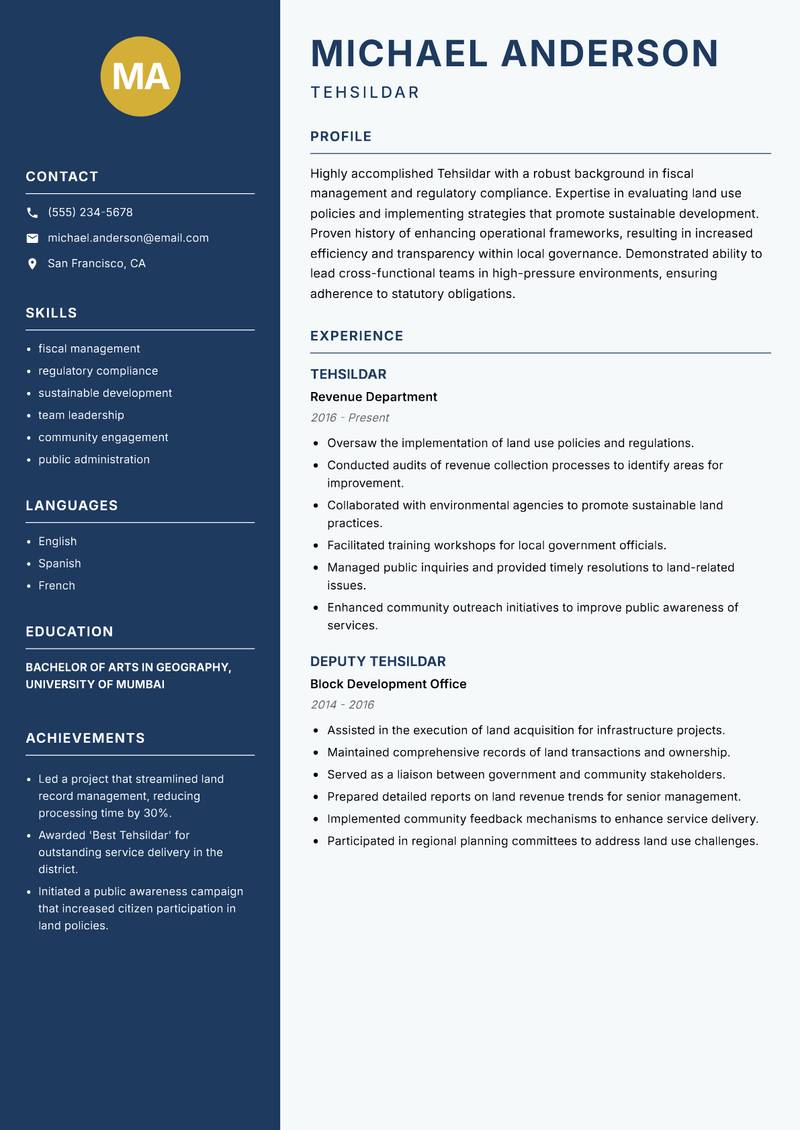 Tehsildar Resume Preview Example