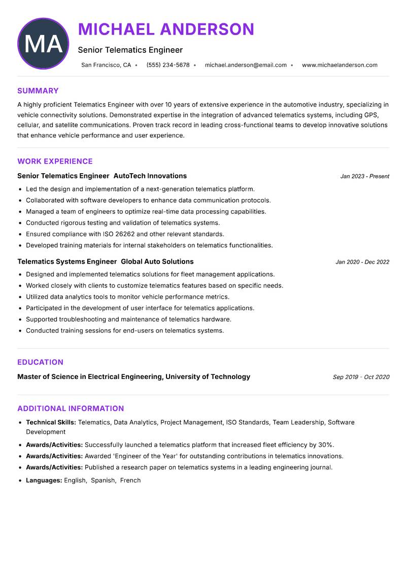 Telematics Engineer Resume Preview Example