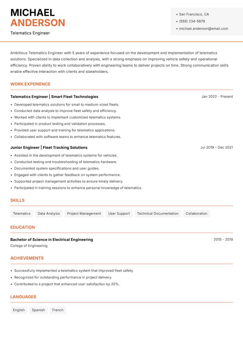 Telematics Engineer Resume Template