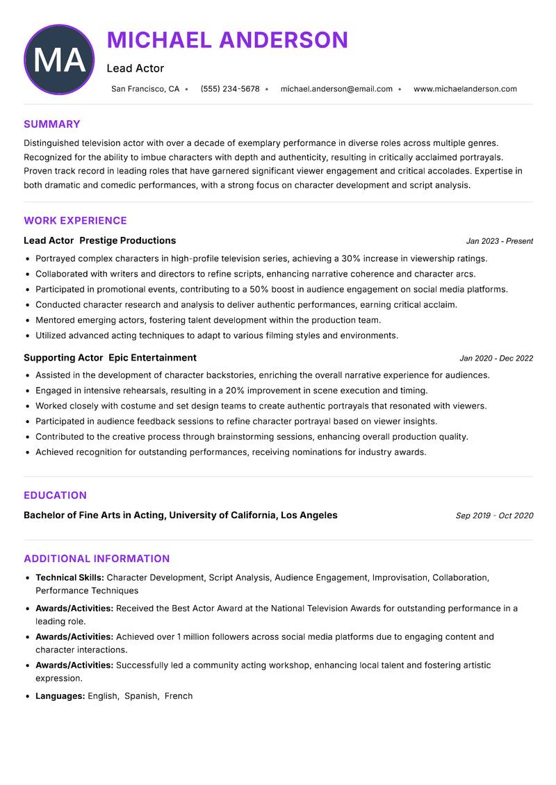 Television Actor Resume Preview Example