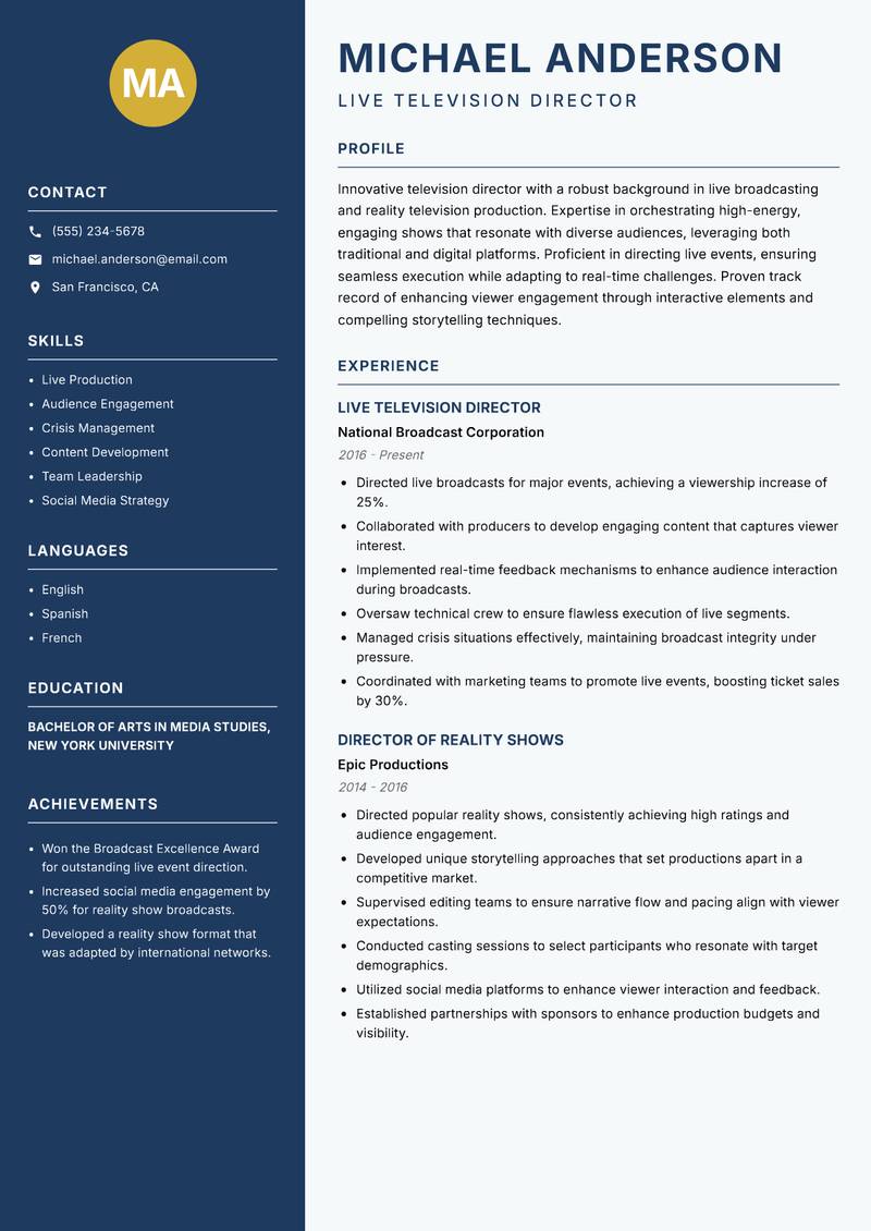 Television Director Resume Preview Example