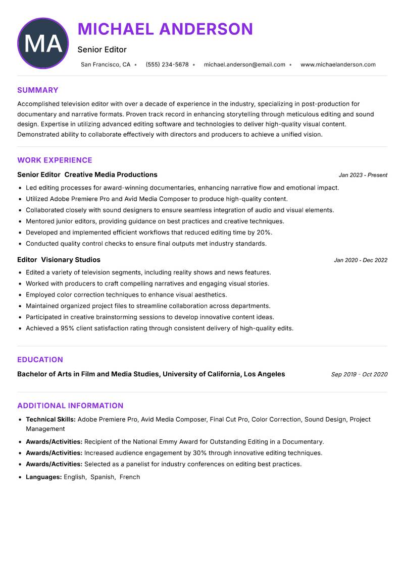 Television Editor Resume Preview Example