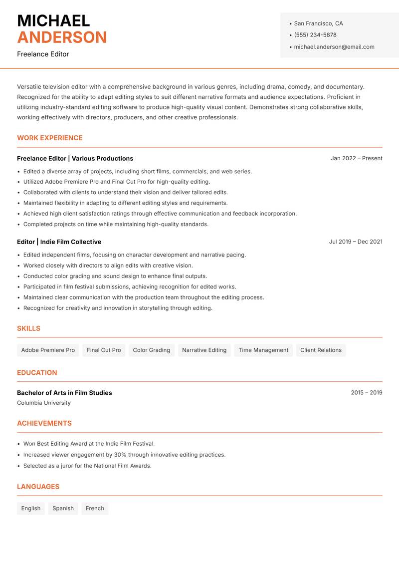 Television Editor Resume Template