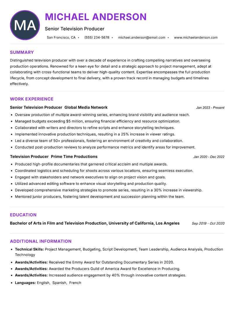 Television Producer Resume Preview Example