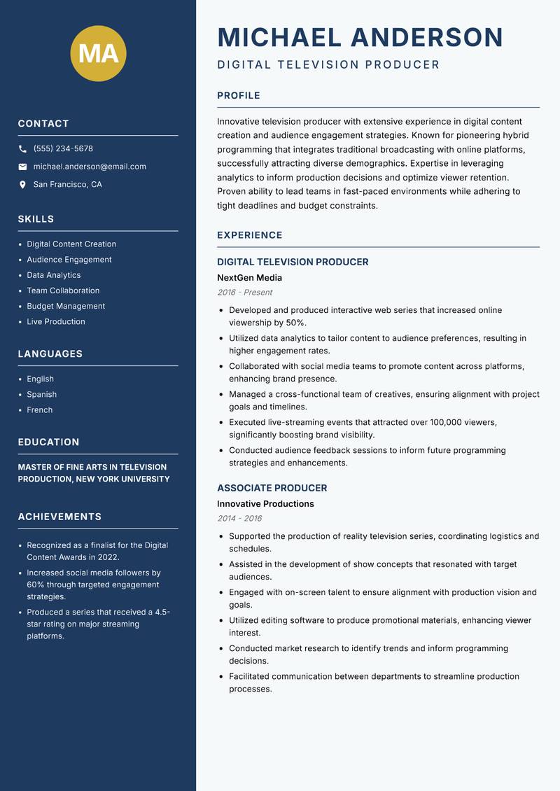 Television Producer Resume Preview Example