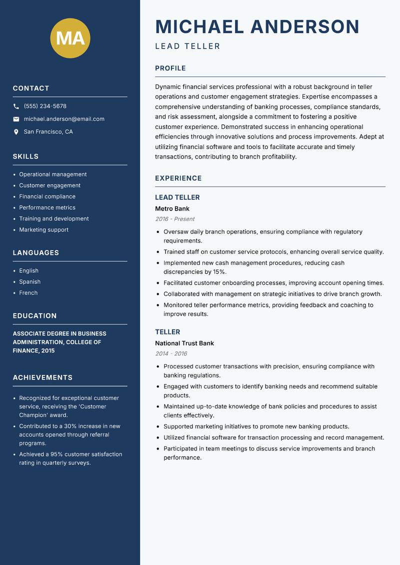 Teller Resume Preview Example