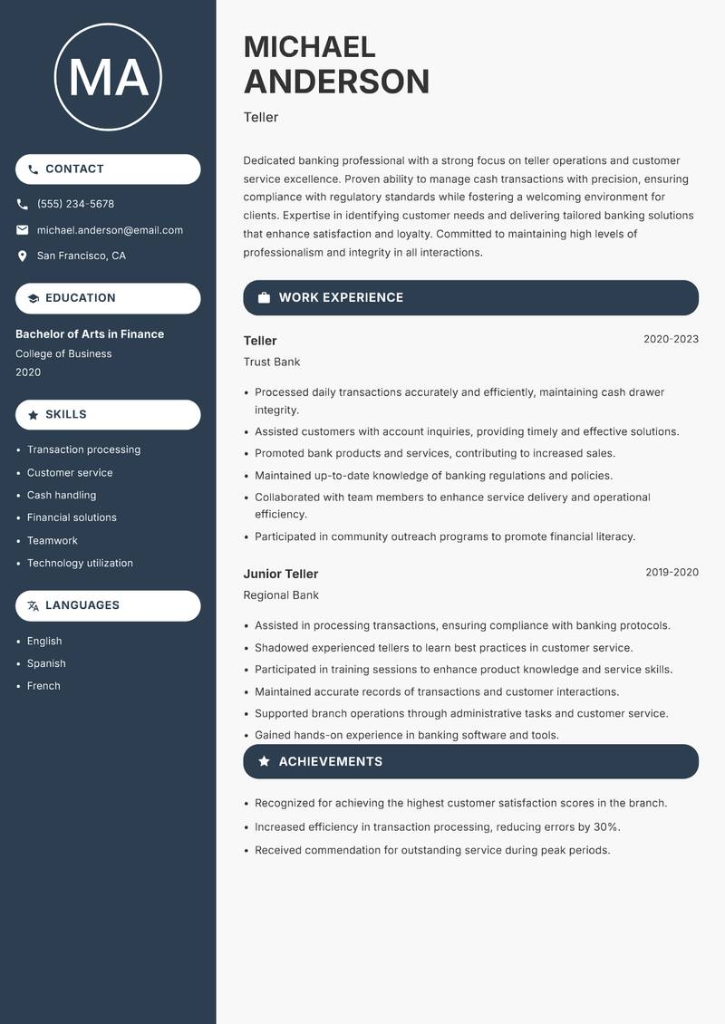Teller Resume Preview Example