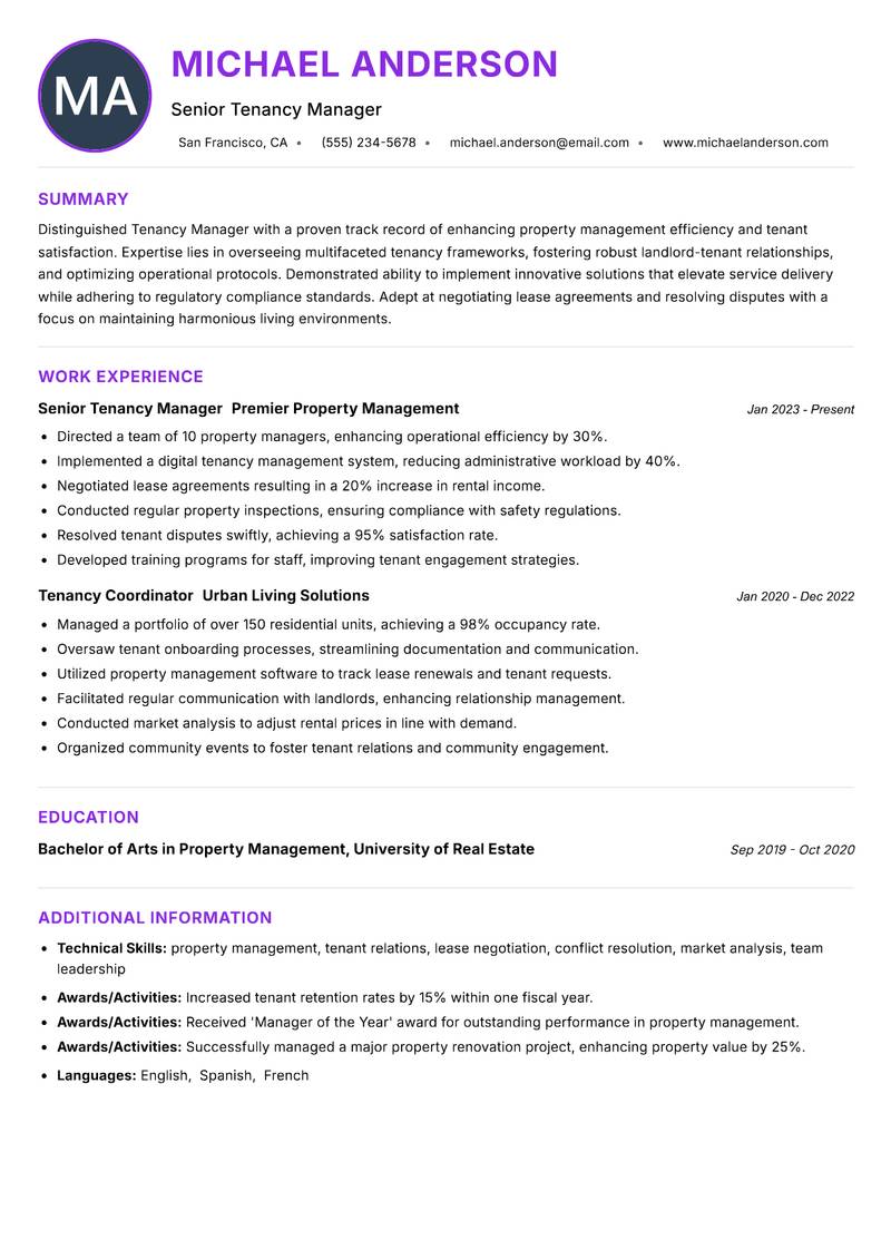Tenancy Manager Resume Preview Example