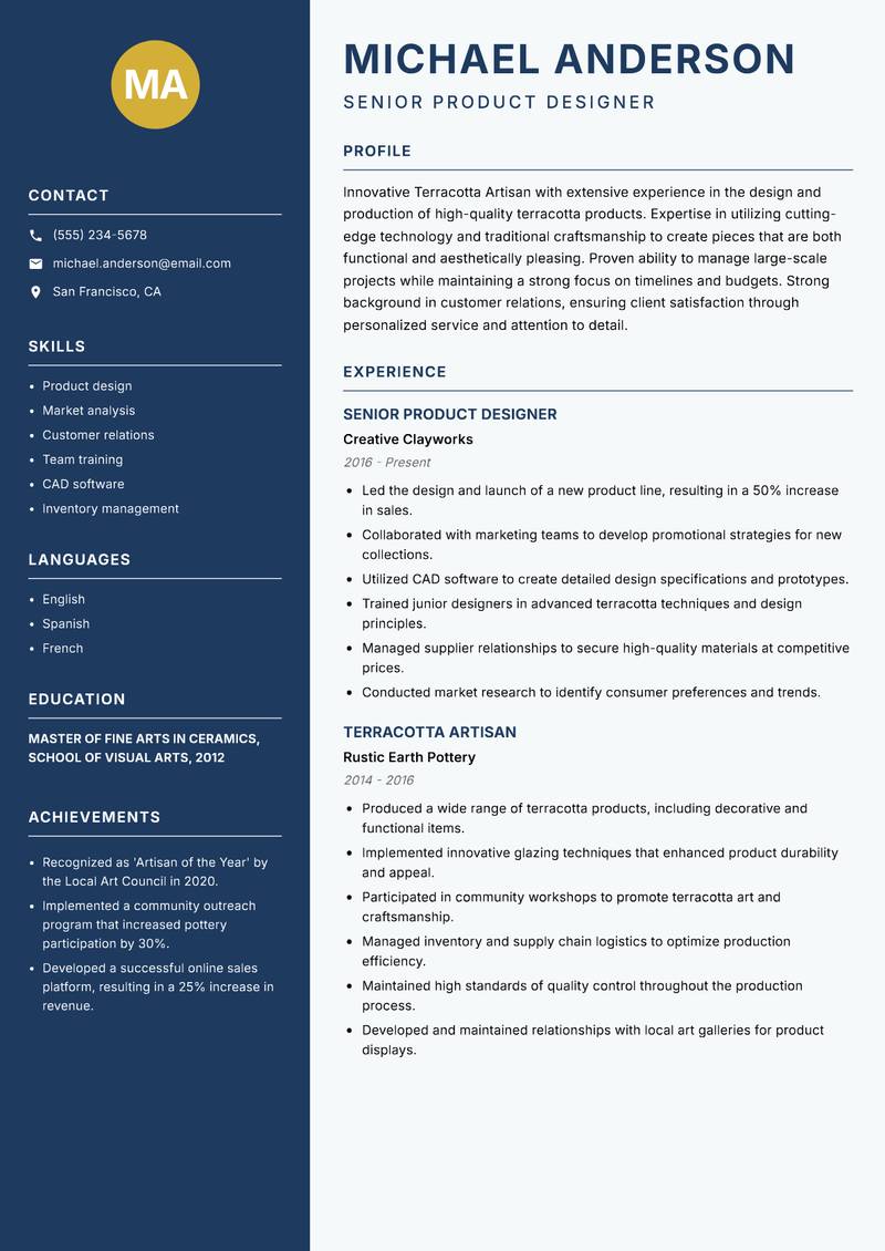 Terracotta Artisan Resume Preview Example