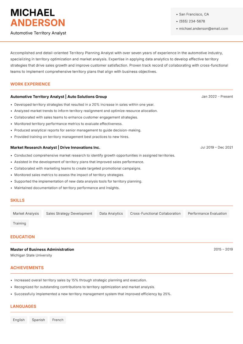 Territory Planning Analyst Resume Template