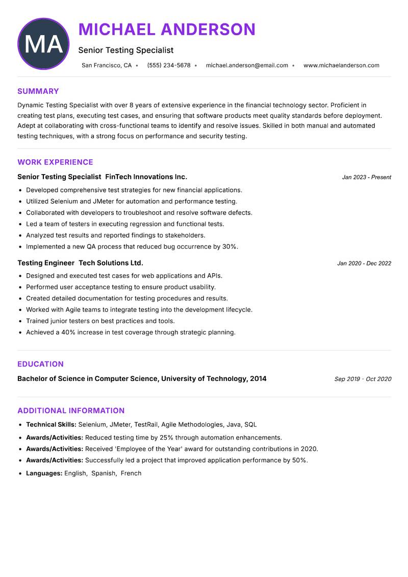 Testing Specialist Resume Preview Example