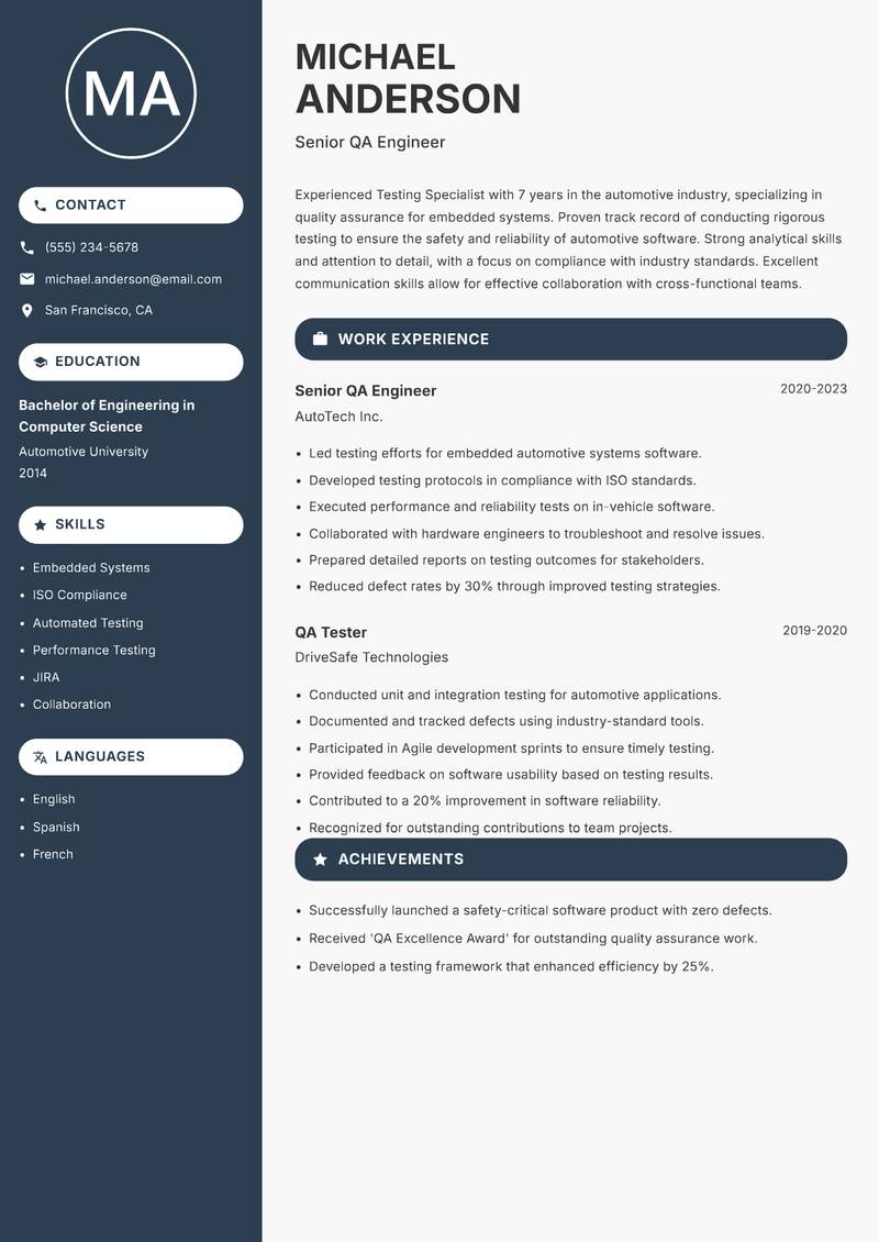 Testing Specialist Resume Preview Example