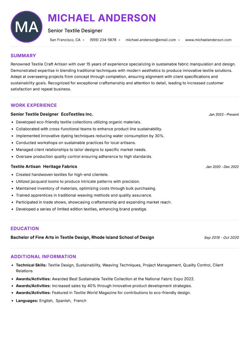 Textile Craft Artisan Resume Preview Example