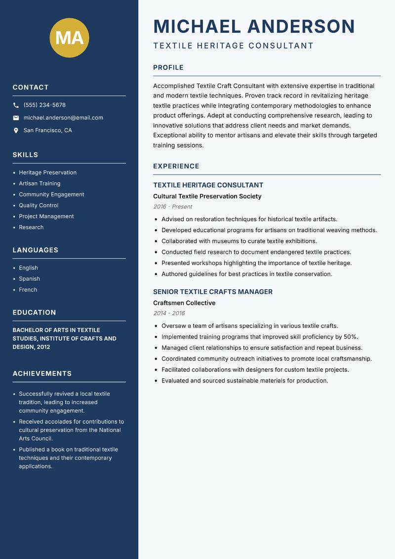 Textile Craft Consultant Resume Preview Example