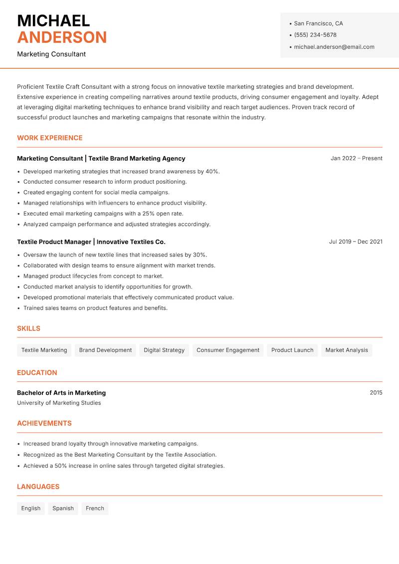 Textile Craft Consultant Resume Template