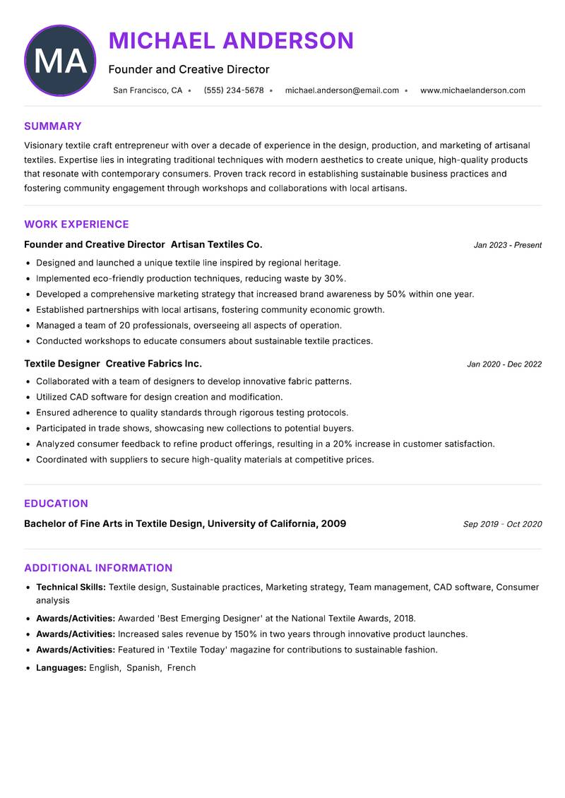 Textile Craft Entrepreneur Resume Preview Example