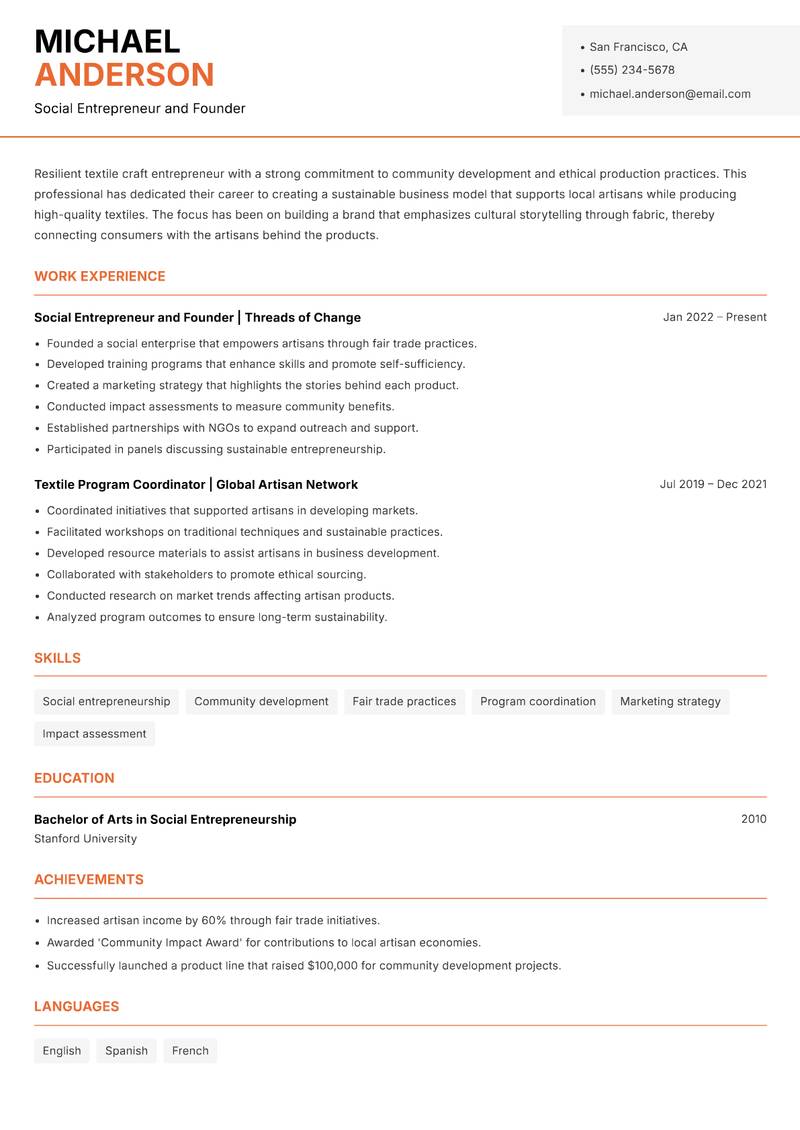 Textile Craft Entrepreneur Resume Template