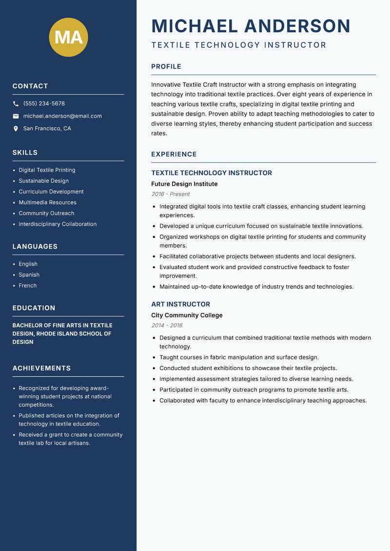 Textile Craft Instructor Resume Preview Example
