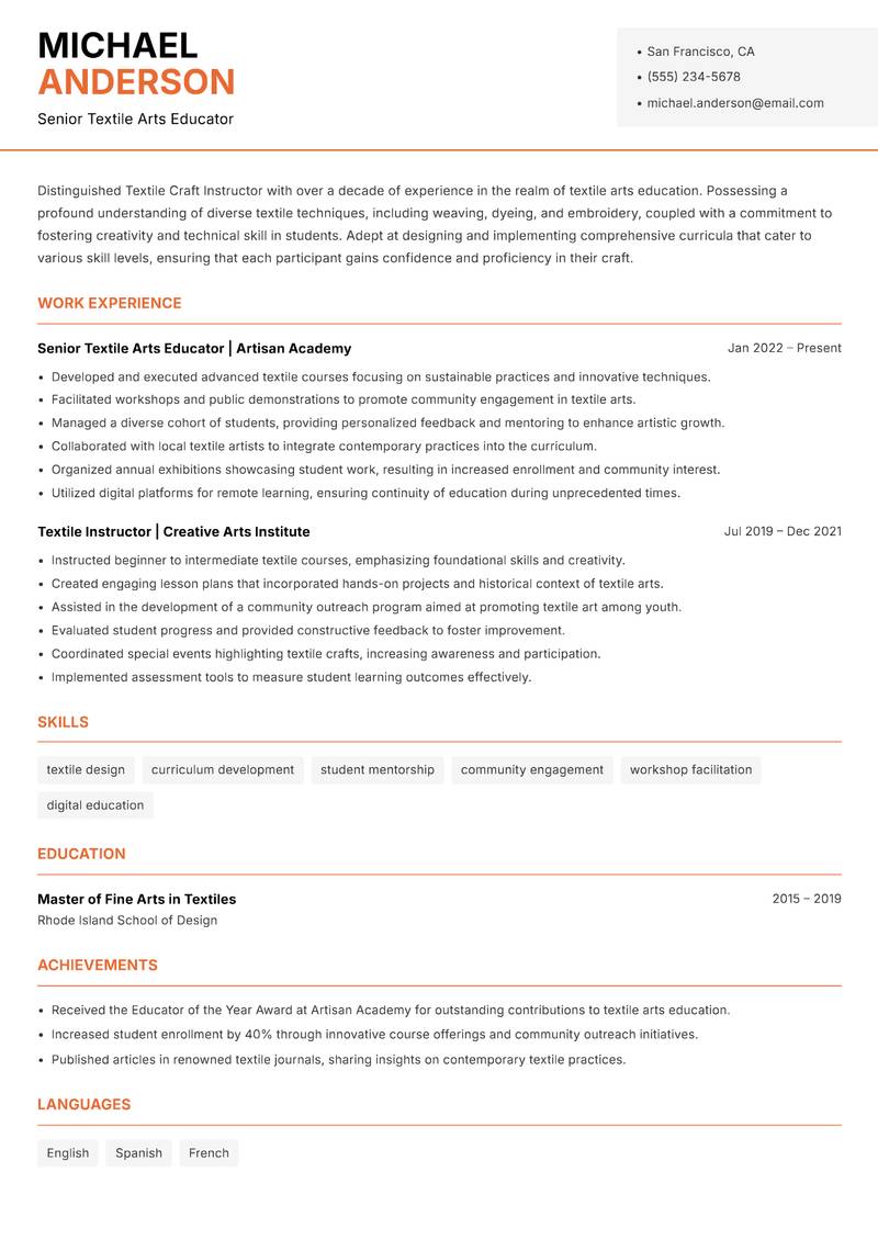 Textile Craft Instructor Resume Template