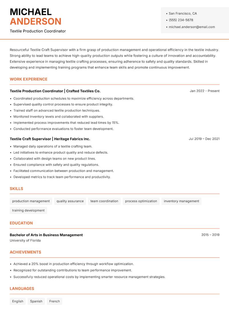 Textile Craft Supervisor Resume Template